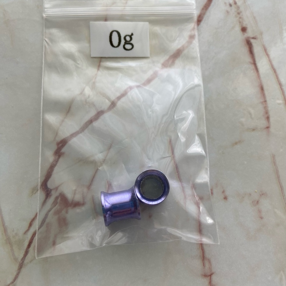 Purple Metal Ear Tunnels with interior silver glitter- 0g